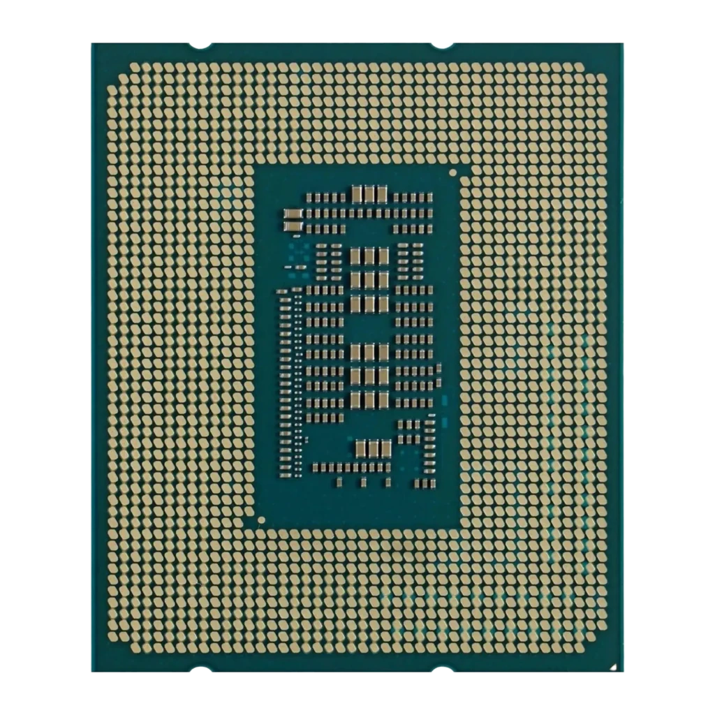 Intel Core i5-12400, vue arrière: matrice de contacts LGA dorés et zone centrale de composants CMS