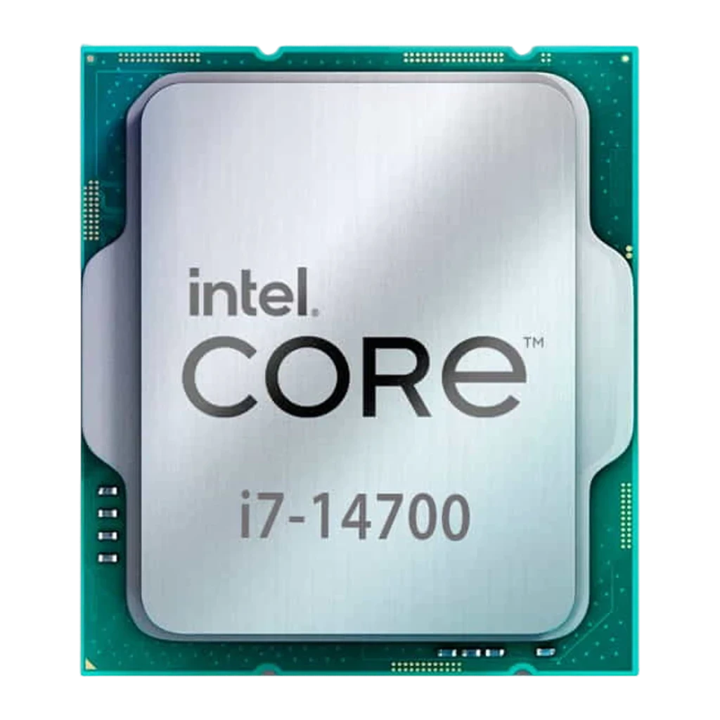 Procesador Intel Core i7-14700 con cubierta plateada y texto intel Core, chip LGA1700 visible, PCB verde con contactos y detalles electrónicos alrededor