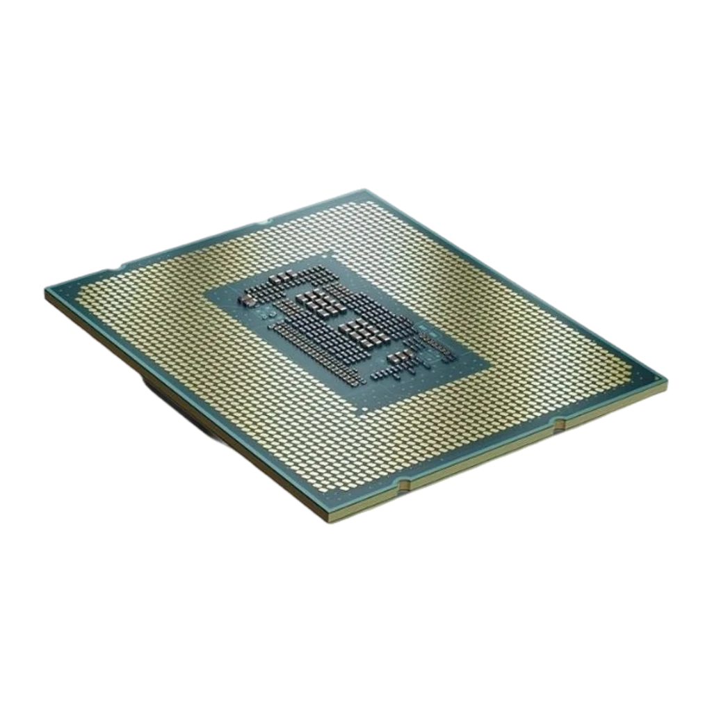 Intel Core i7-14700, vista inferior en ángulo: contactos LGA dorados y die central visibles sobre PCB verde turquesa