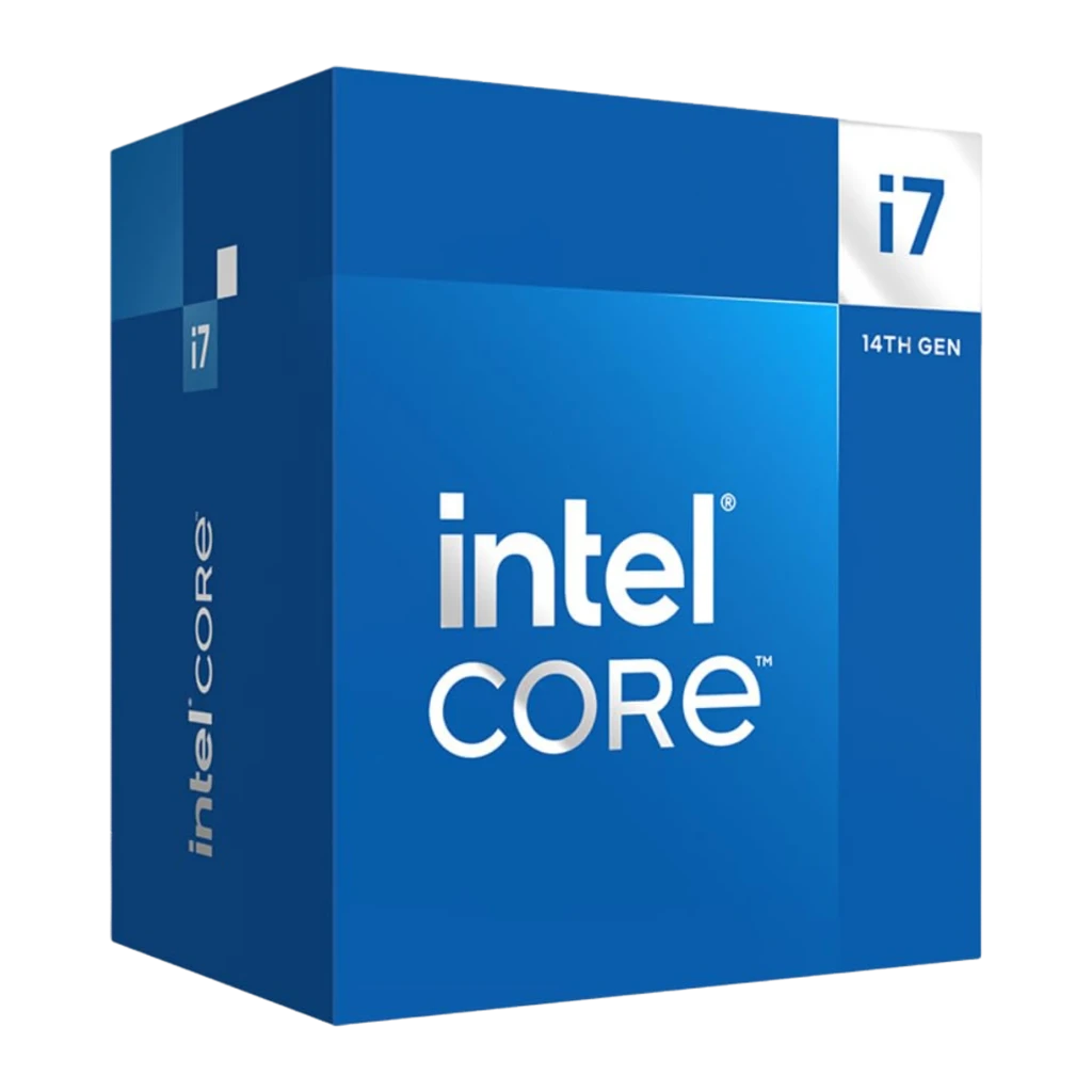 Intel Core i7-14700, caja retail: packaging azul con logotipo Intel Core i7 14th Gen en vista tres cuartos