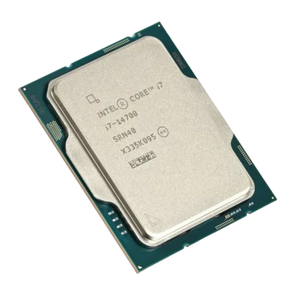 Intel Core i7-14700, vista diagonal superior: IHS gris con número de serie SRN40 grabado y PCB verde inclinado