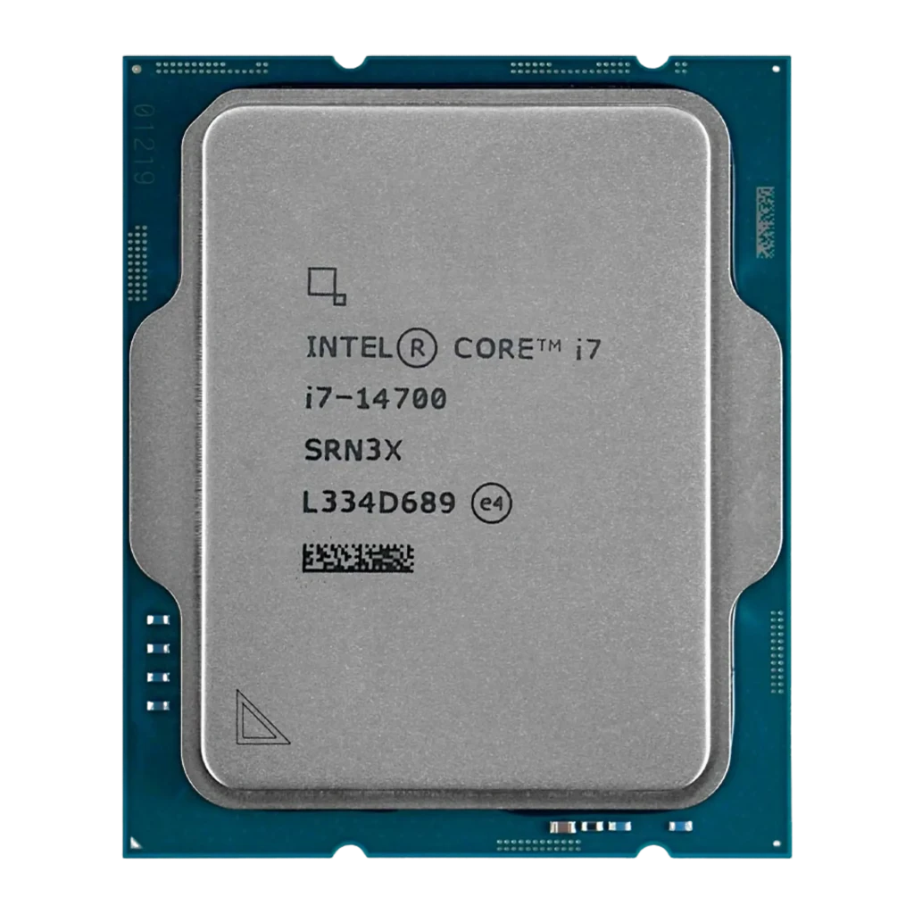 Intel Core i7-14700, vista frontal plana: IHS gris con número de serie SRN3X y código de barras, PCB azul turquesa