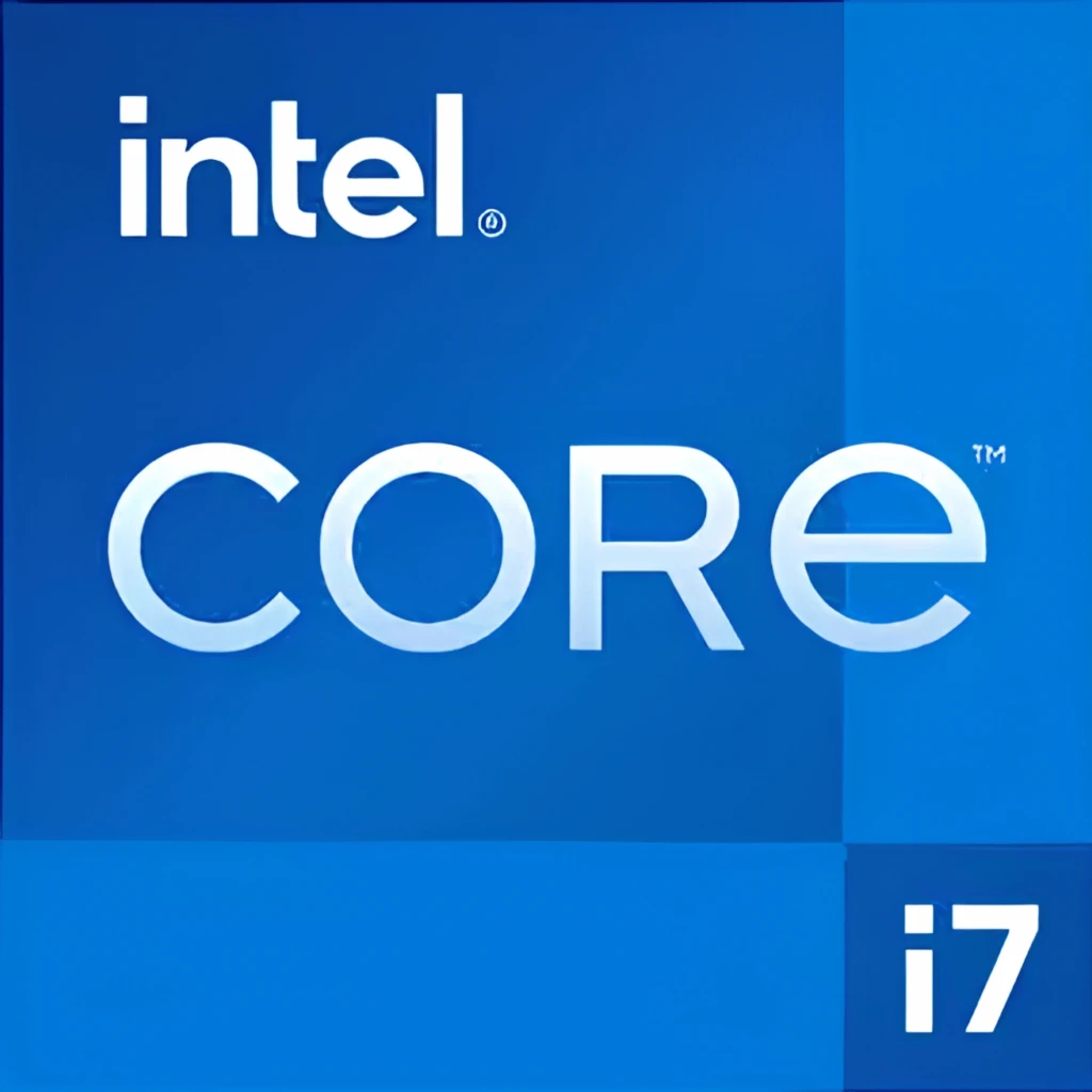 Caja azul Intel Core i7 con logotipo intel en blanco, texto CORE grande y esquina inferior con etiqueta i7 en azul oscuro, diseño minimalista y moderno