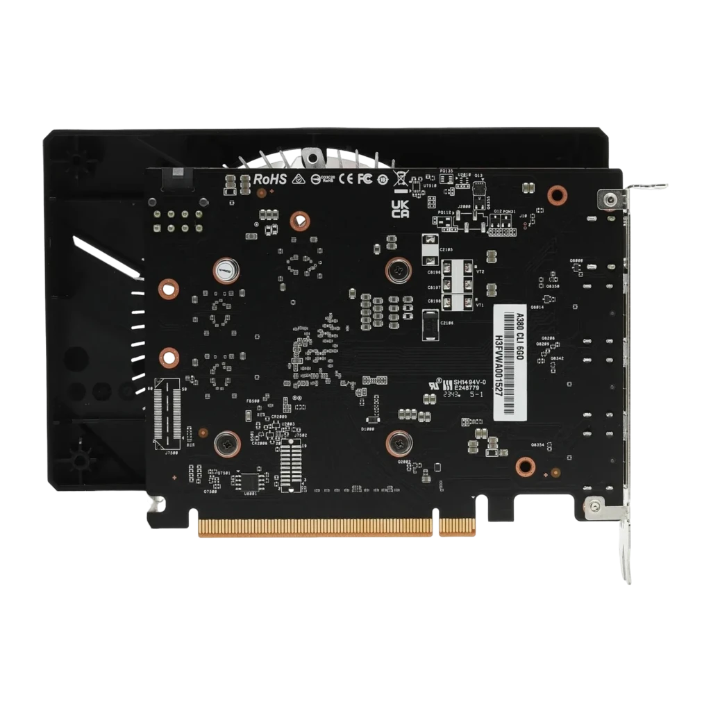 ASRock Intel Arc A380 Challenger ITX OC 6GB negra, vista trasera: PCB completo con componentes, conector PCIe dorado y