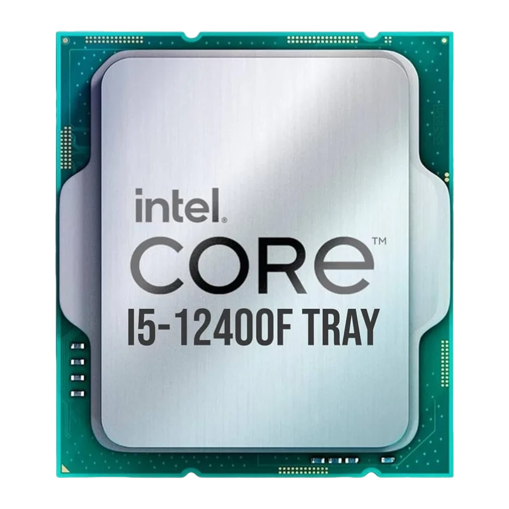 Procesador Intel Core i5-12400F de 6 núcleos, encapsulado LGA1700, placa verde con difusor térmico plateado y texto CORE i5-12400F TRAY en el frontal