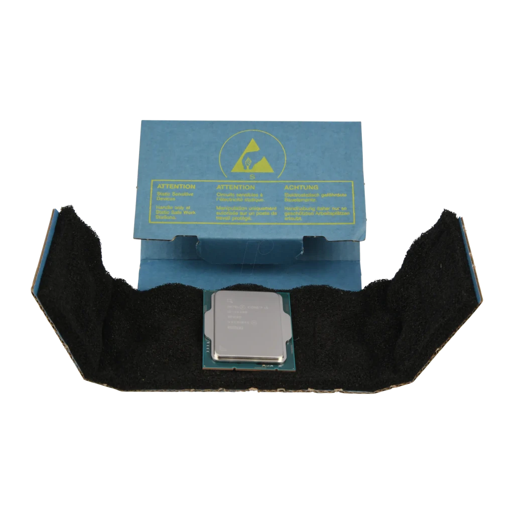 Intel Core i5-12400F LGA 1700 Tray, vista de embalaje abierto: procesador en bandeja antiestática azul con advertencia ESD