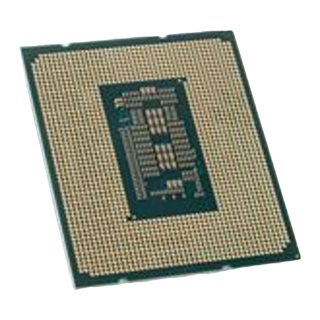 Intel Core i5-12400F LGA 1700 Tray, vista inferior en ángulo: contactos dorados LGA 1700 y zona central de circuitos visibles