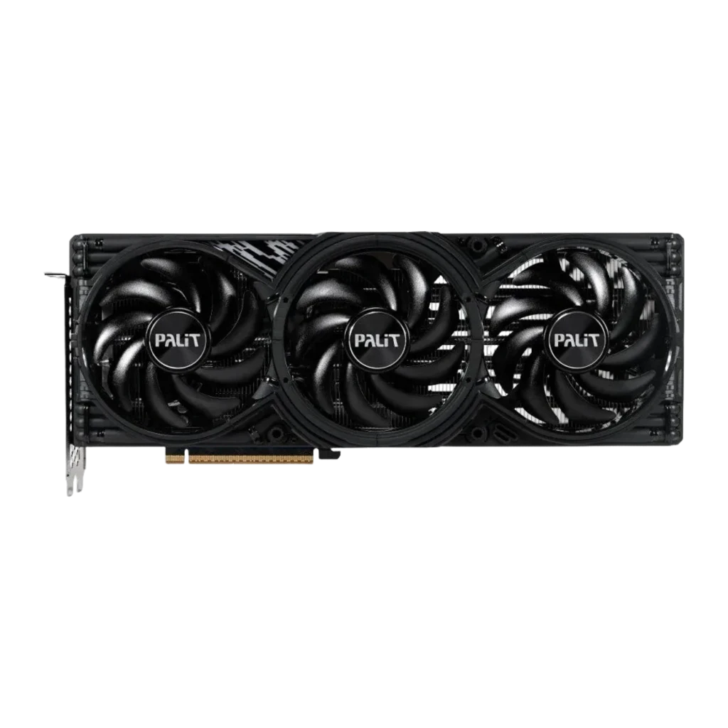 Palit RTX 5070 Ti GamingPro-S OC 16GB negro, vista frontal: tres ventiladores con logo Palit y conector PCIe dorado