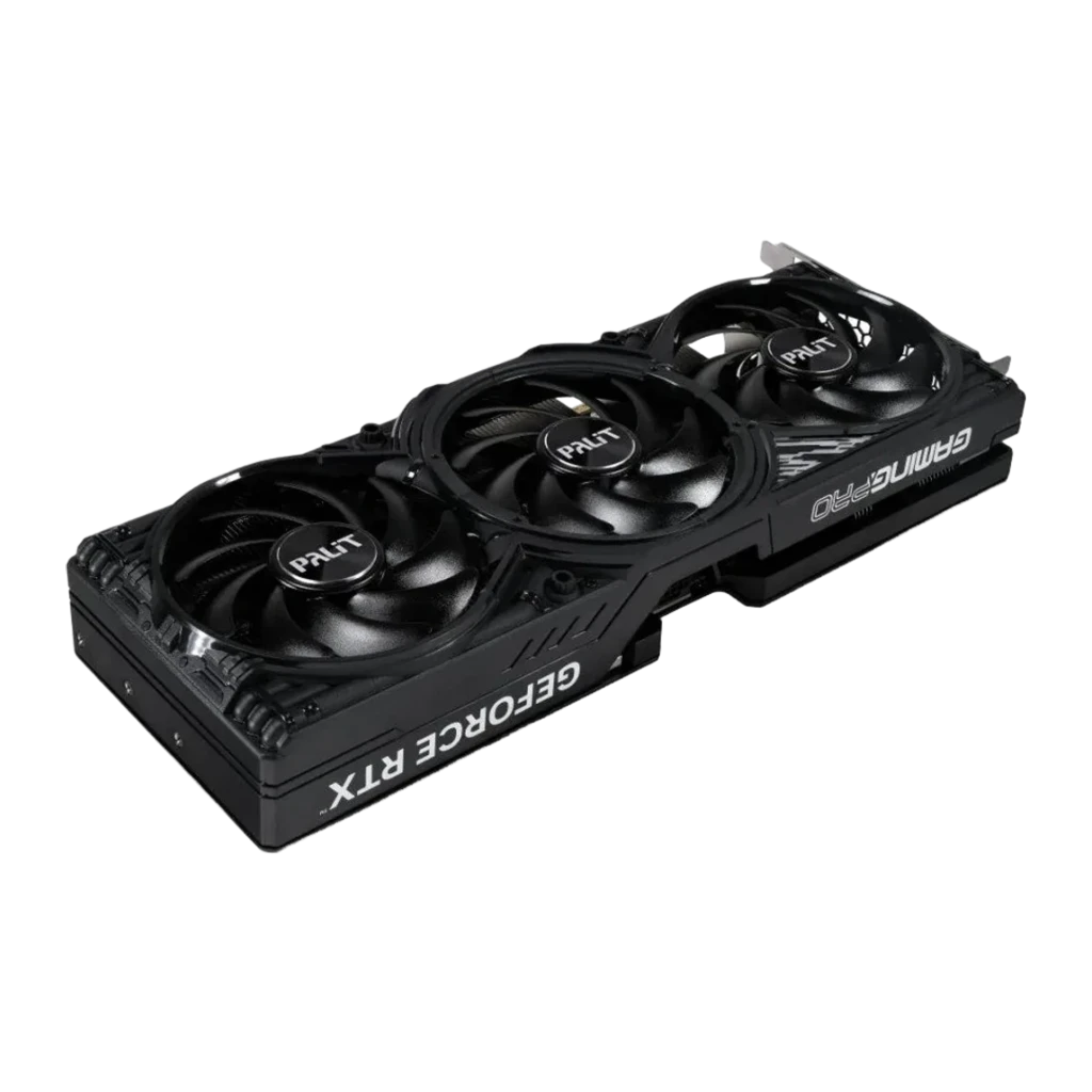 Palit RTX 5070 Ti GamingPro-S OC 16GB negro, vista en perspectiva: tres ventiladores, lateral con texto GeForce RTX y