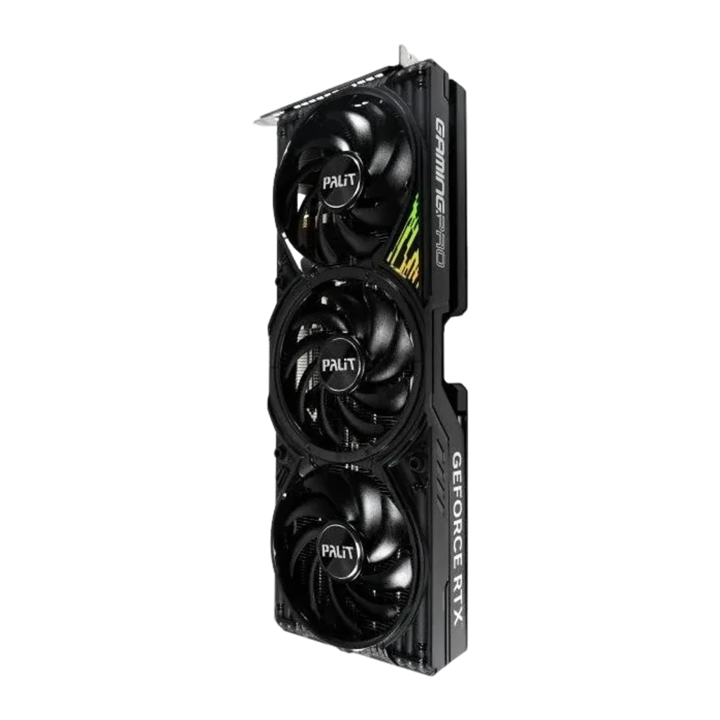 Palit RTX 5070 Ti GamingPro-S OC 16GB negro, vista lateral vertical: tres ventiladores apilados y detalle RGB en shroud