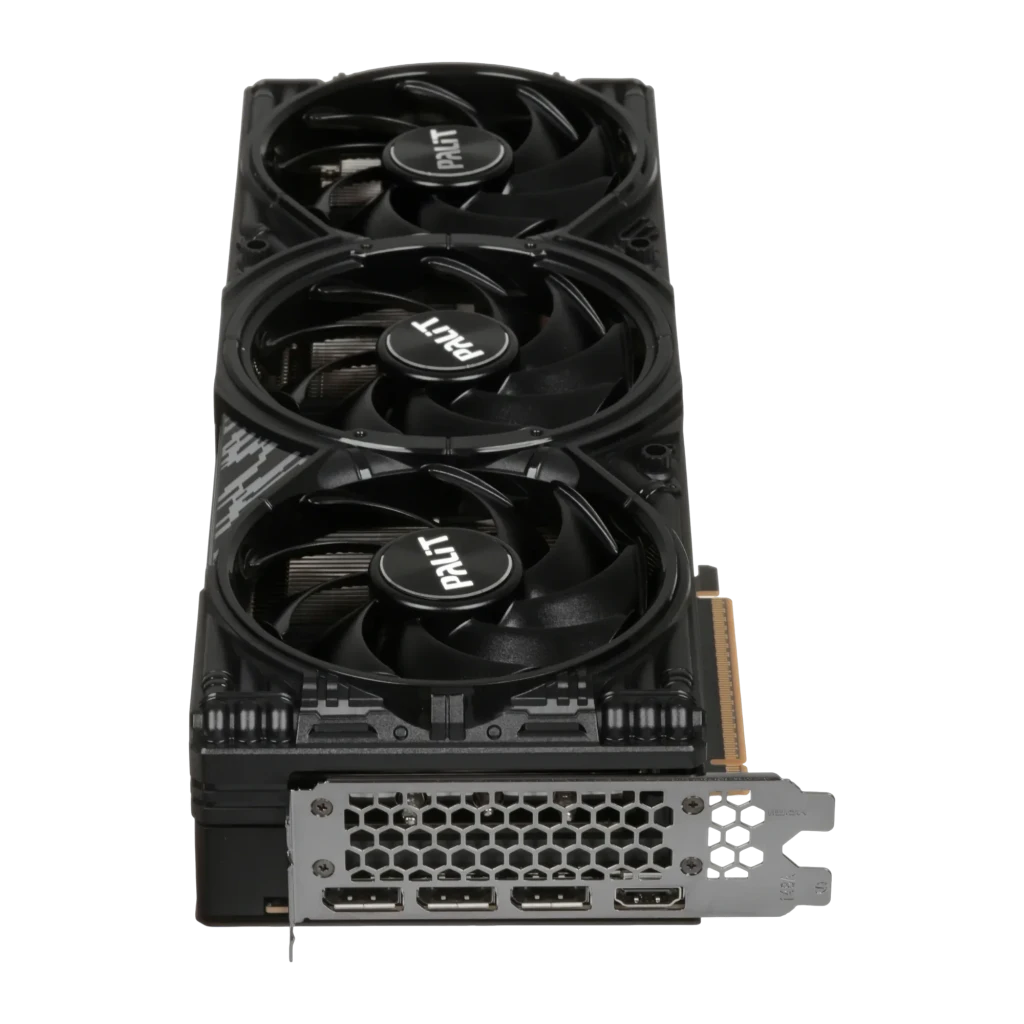 Palit RTX 5070 Ti GamingPro-S OC 16GB negro, vista inferior: tres ventiladores desde abajo y bracket con puertos DisplayPort