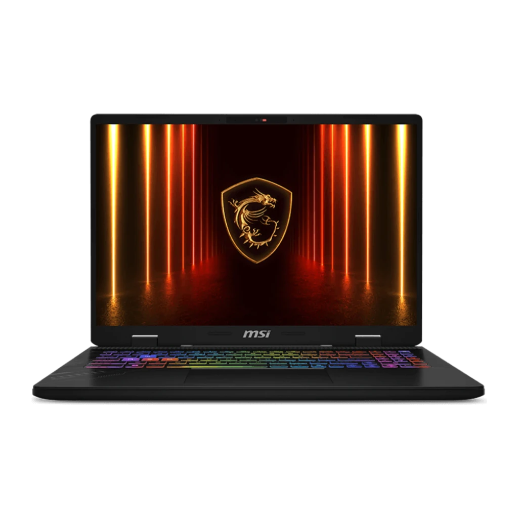 MSI Crosshair 16 HX 2TB Cosmos Gray, vista frontal: pantalla con logo dragón MSI y teclado RGB iluminado