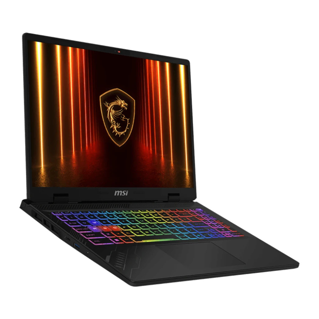 MSI Crosshair 16 HX 2TB Cosmos Gray, vista en ángulo: lateral izquierdo con puertos, teclado RGB y pantalla visibles
