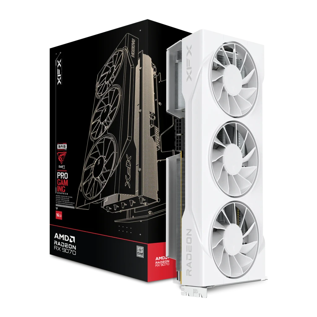 XFX Radeon RX 9070 Swift Triple Fan OC 16GB blanca, kit con caja: tarjeta blanca en vertical junto a caja negra con