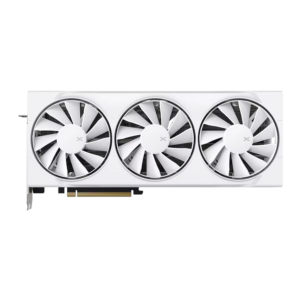 XFX Radeon RX 9070 Swift Triple Fan OC 16GB blanca, vista frontal: tres ventiladores con logo X y conector PCIe dorado