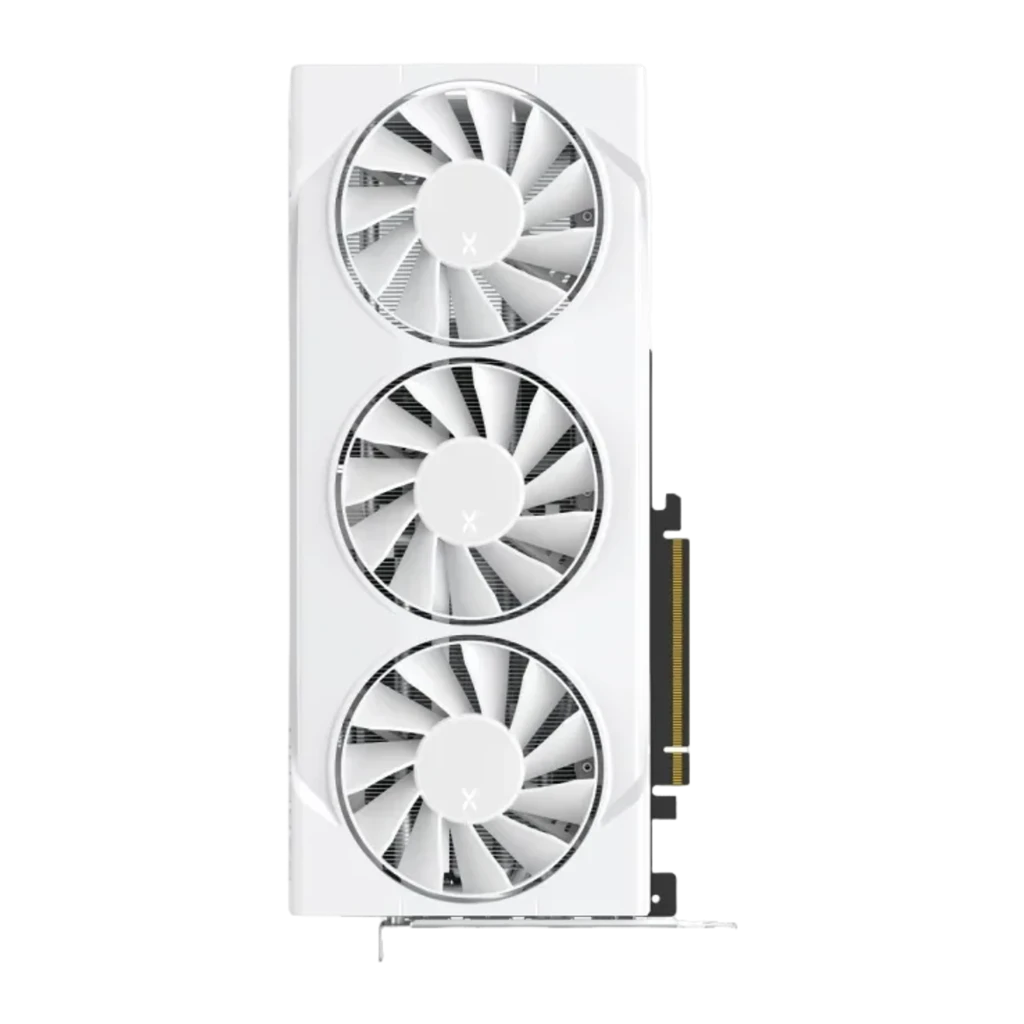 XFX Radeon RX 9070 Swift Triple Fan OC 16GB blanca, vista frontal vertical: tres ventiladores en columna y conector PCIe
