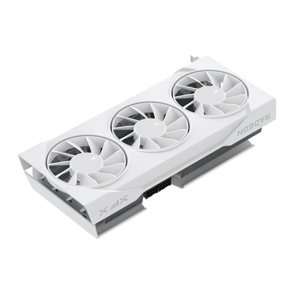 XFX Radeon RX 9070 Swift Triple Fan OC 16GB blanca, ángulo superior frontal: tres ventiladores, logo XFX frontal y texto