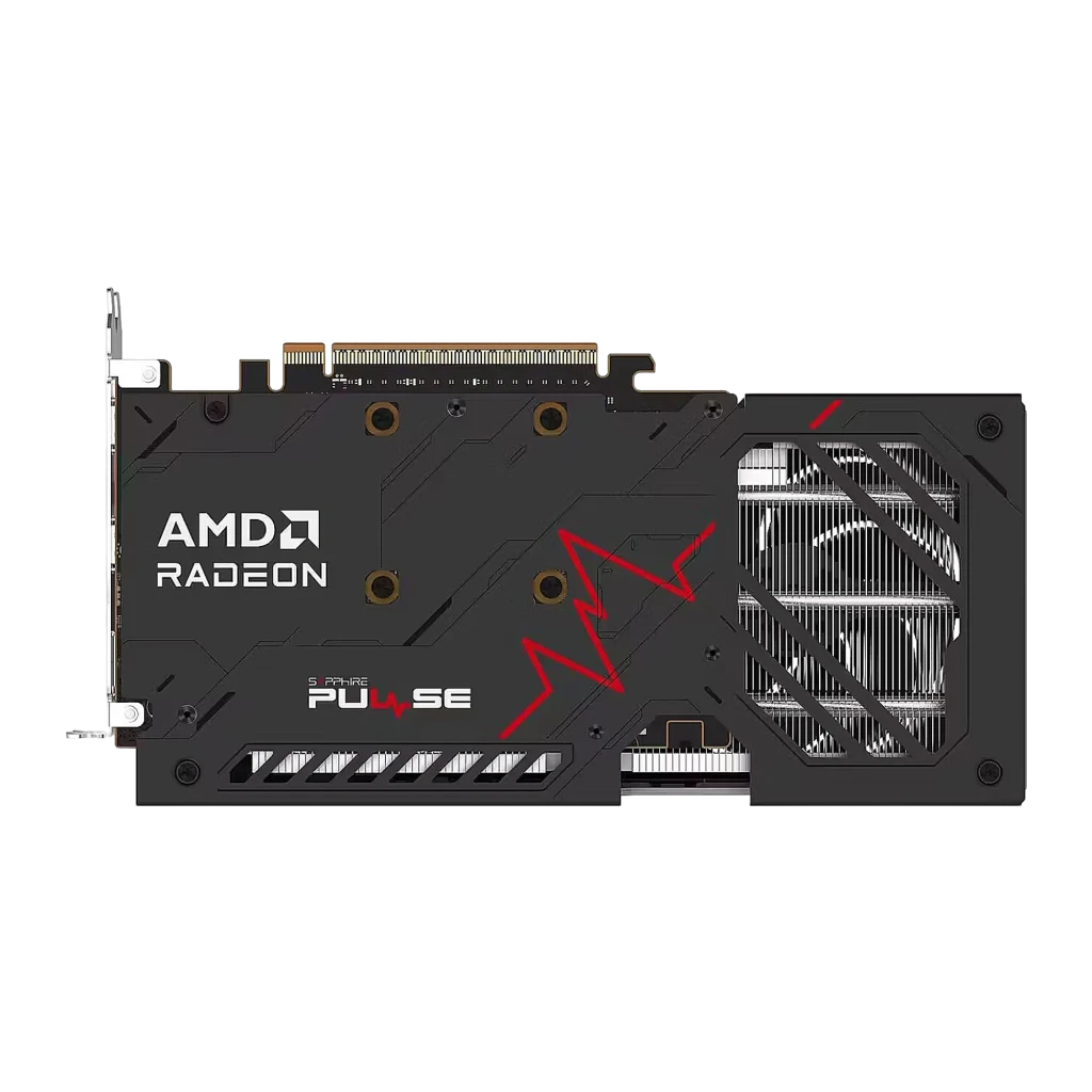 Sapphire Pulse Radeon RX 9060 XT 8GB GDDR6 negra, vista trasera: backplate con logo AMD Radeon y rayo rojo Pulse