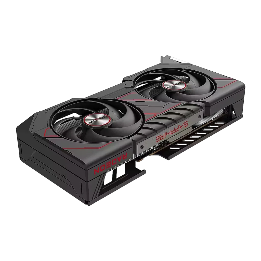 Sapphire Pulse Radeon RX 9060 XT 8GB GDDR6 negra, vista en perspectiva: shroud, lateral con conectores y texto Sapphire