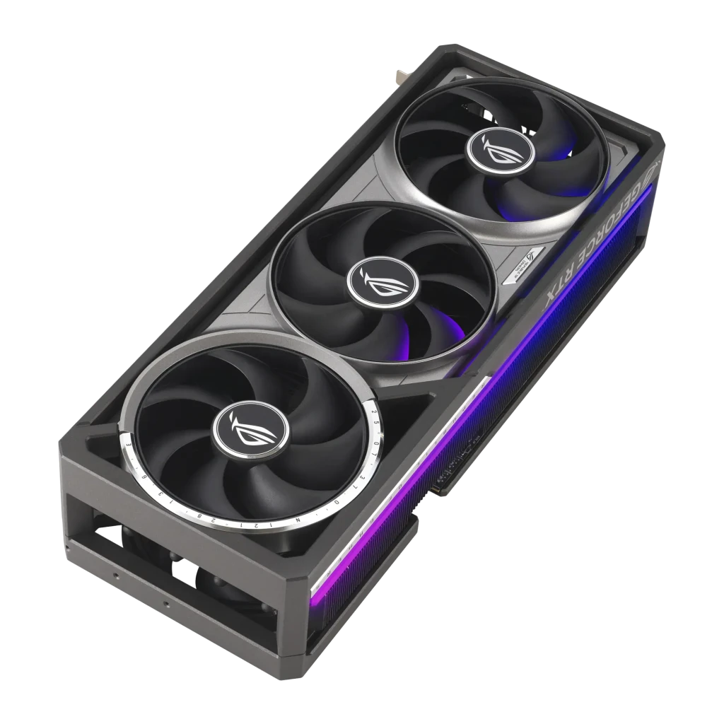ASUS ROG Astral RTX 5080 OC 16GB, vista superior en ángulo: tres ventiladores ROG vistos desde arriba, RGB púrpura en