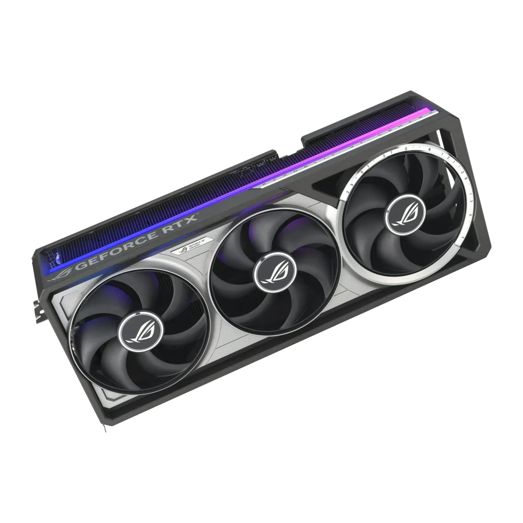 ASUS ROG Astral RTX 5080 OC 16GB, vista frontal plana en diagonal: cara con ventiladores y logo GeForce RTX, RGB