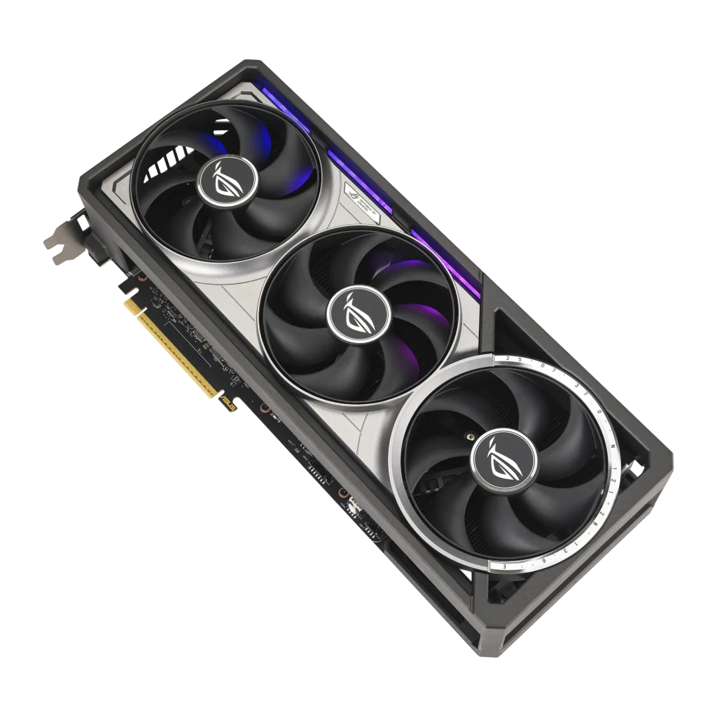 ASUS ROG Astral RTX 5080 OC 16GB, vista superior cenital: tres ventiladores ROG, PCB con conectores de alimentación y slot