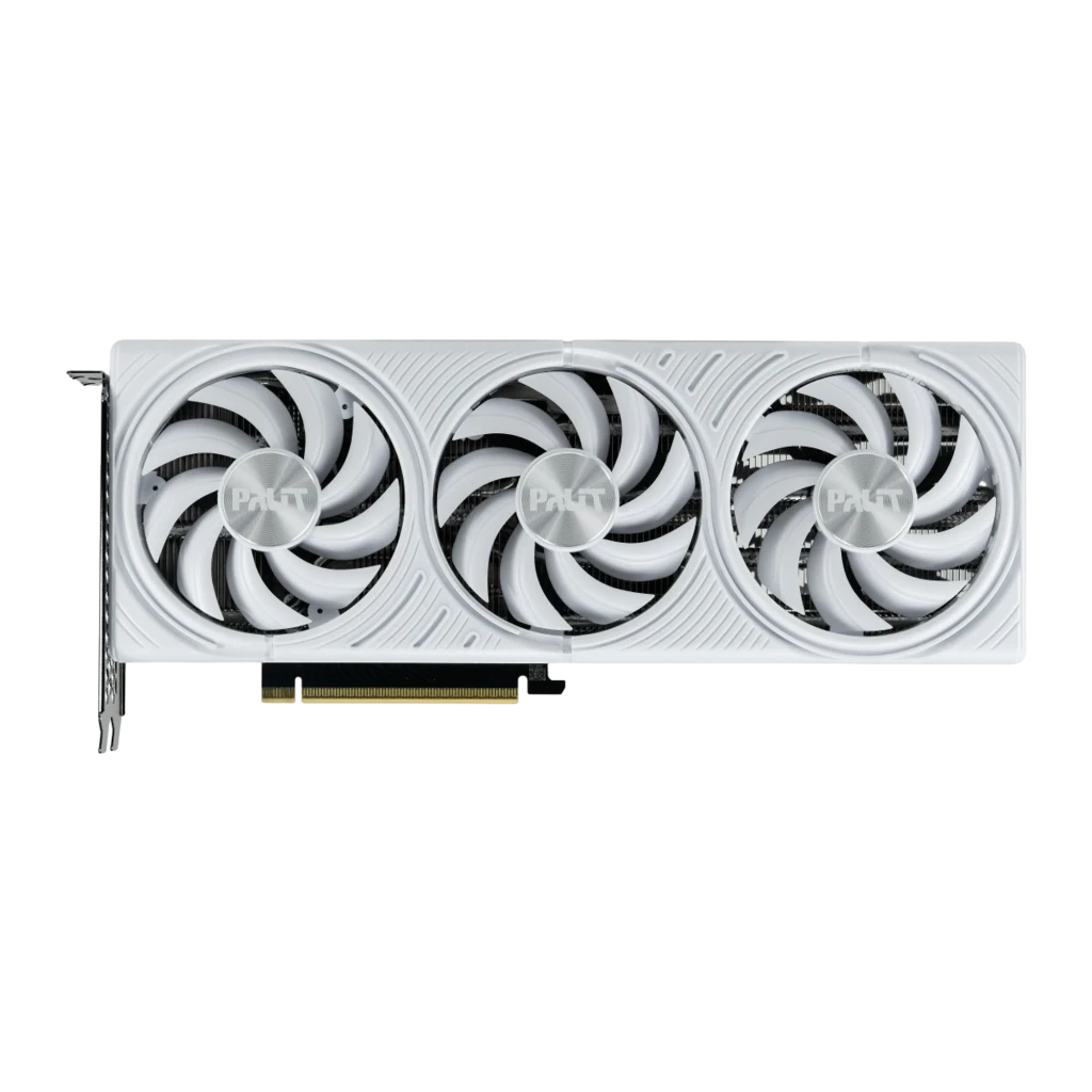 Palit GeForce RTX 5070 White OC 12GB blanco, vista frontal: tres ventiladores con aspas curvas y logo Palit, conector PCIe