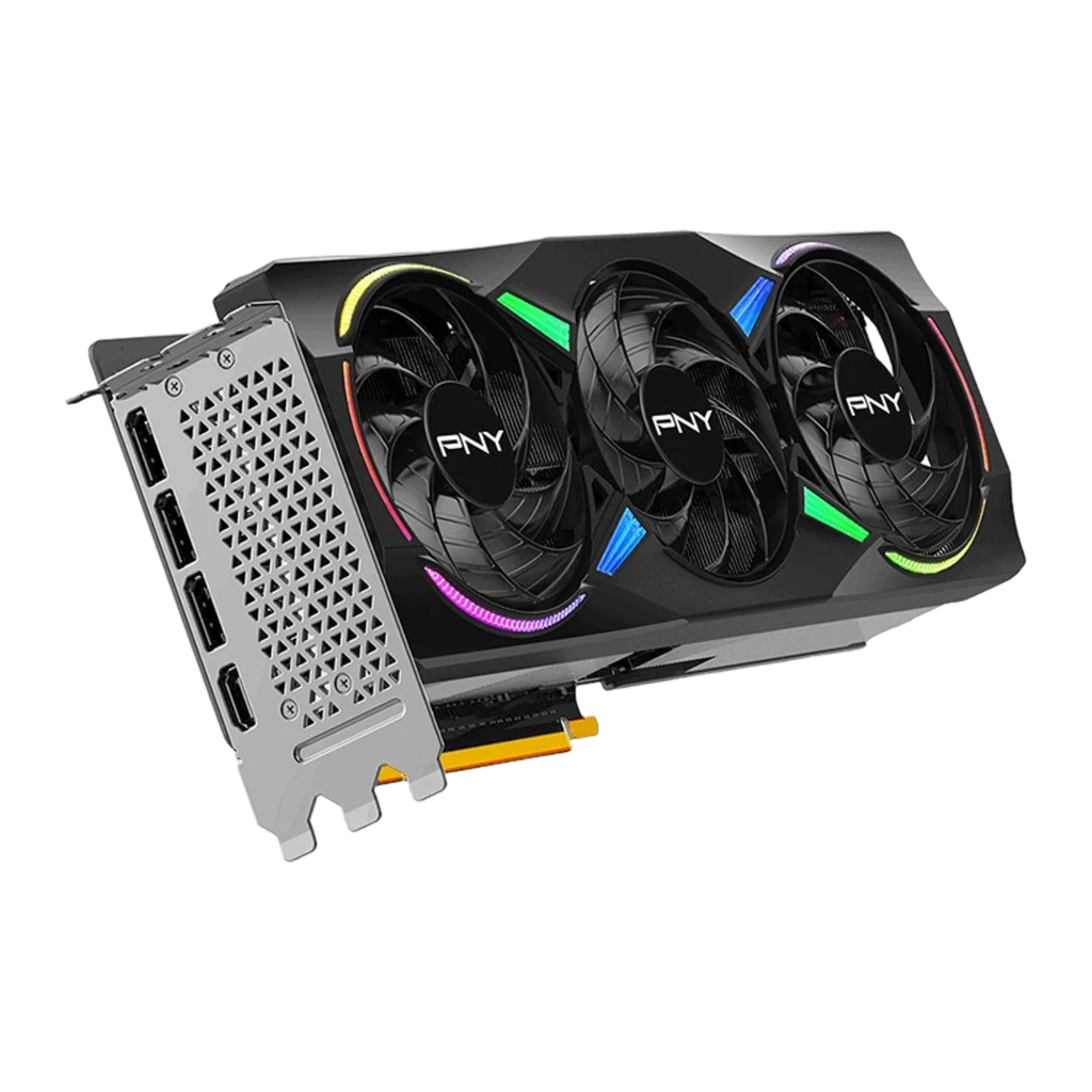PNY GeForce RTX 5070 Ti ARGB Epic-X RGB OC negra, vista angular frontal-lateral: bracket con puertos DisplayPort y HDMI
