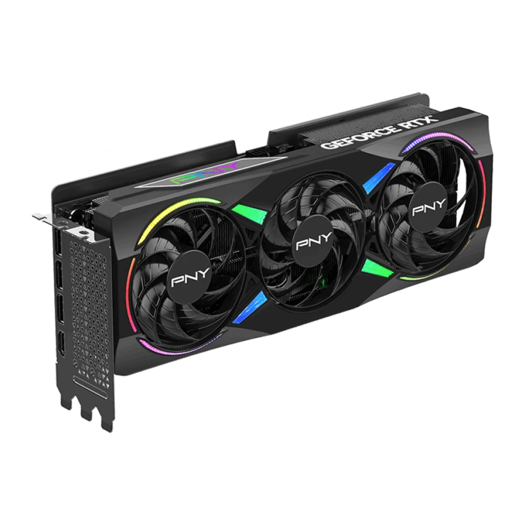 PNY GeForce RTX 5070 Ti ARGB Epic-X RGB OC negra, vista angular superior: backplate con texto GeForce RTX y conector de