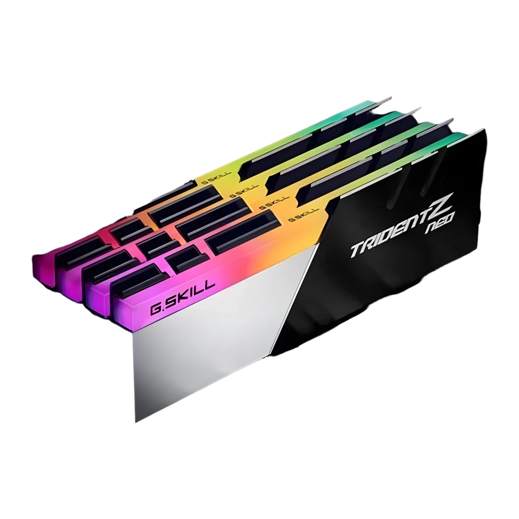 G.Skill Trident Z Neo 64GB DDR4 3200MHz negro/plata, kit 4 módulos: vista angular con iluminación RGB multicolor y disipador