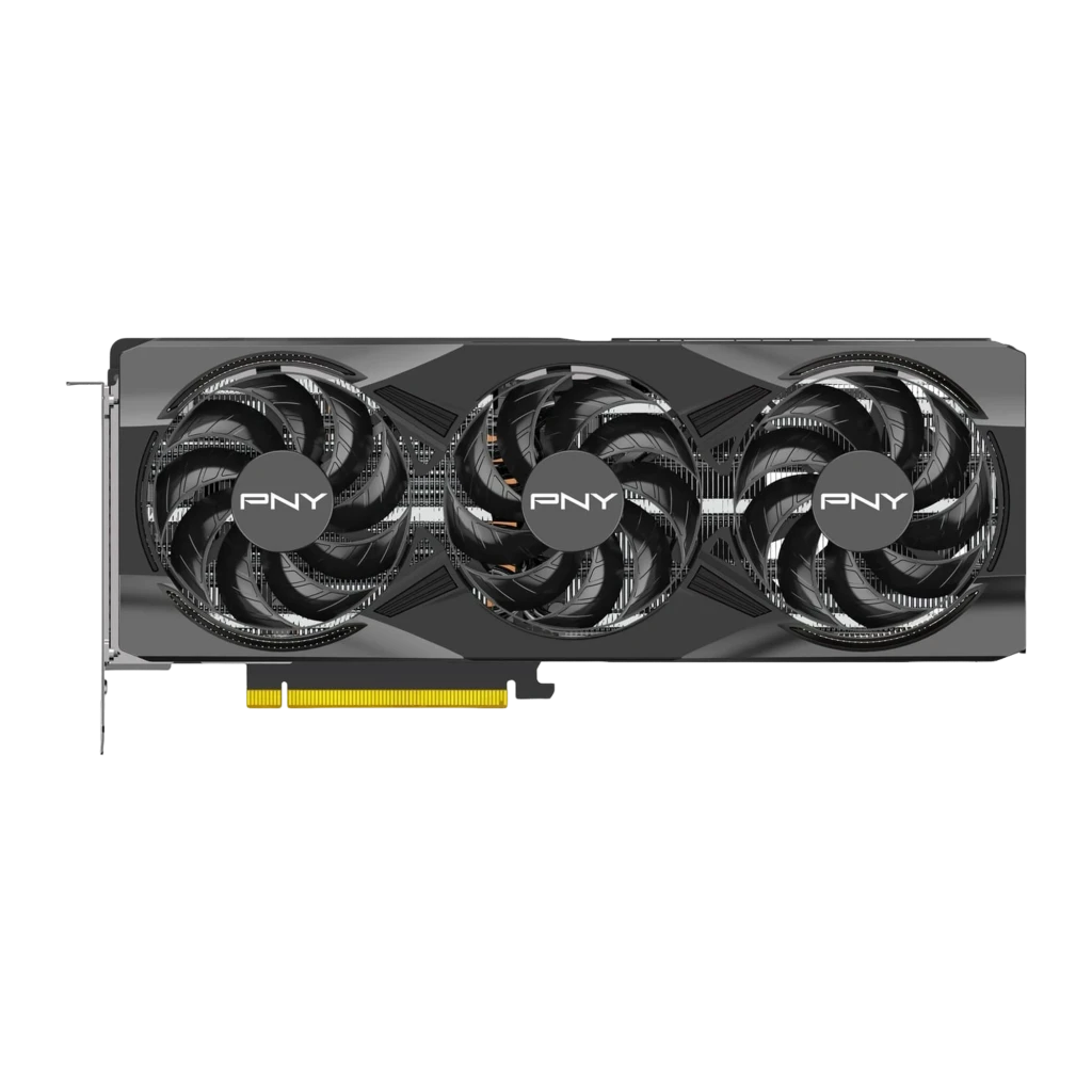 PNY GeForce RTX 5070 Ti Gaming Triple Fan OC 16GB gris, vista frontal: tres ventiladores con logo PNY y conector PCIe dorado