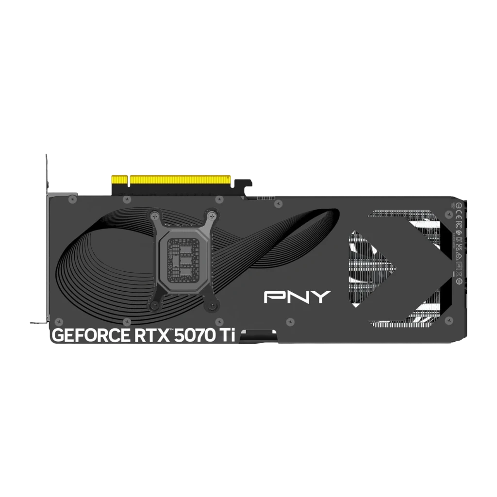 PNY GeForce RTX 5070 Ti Gaming Triple Fan OC 16GB gris, vista trasera: backplate con texto GeForce RTX 5070 Ti y diseño de