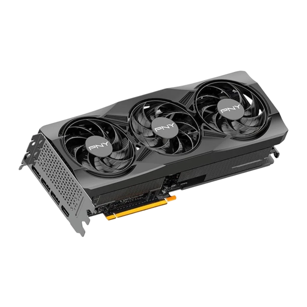 PNY GeForce RTX 5070 Ti Gaming Triple Fan OC 16GB gris, vista en perspectiva: tres ventiladores, bracket con puertos y