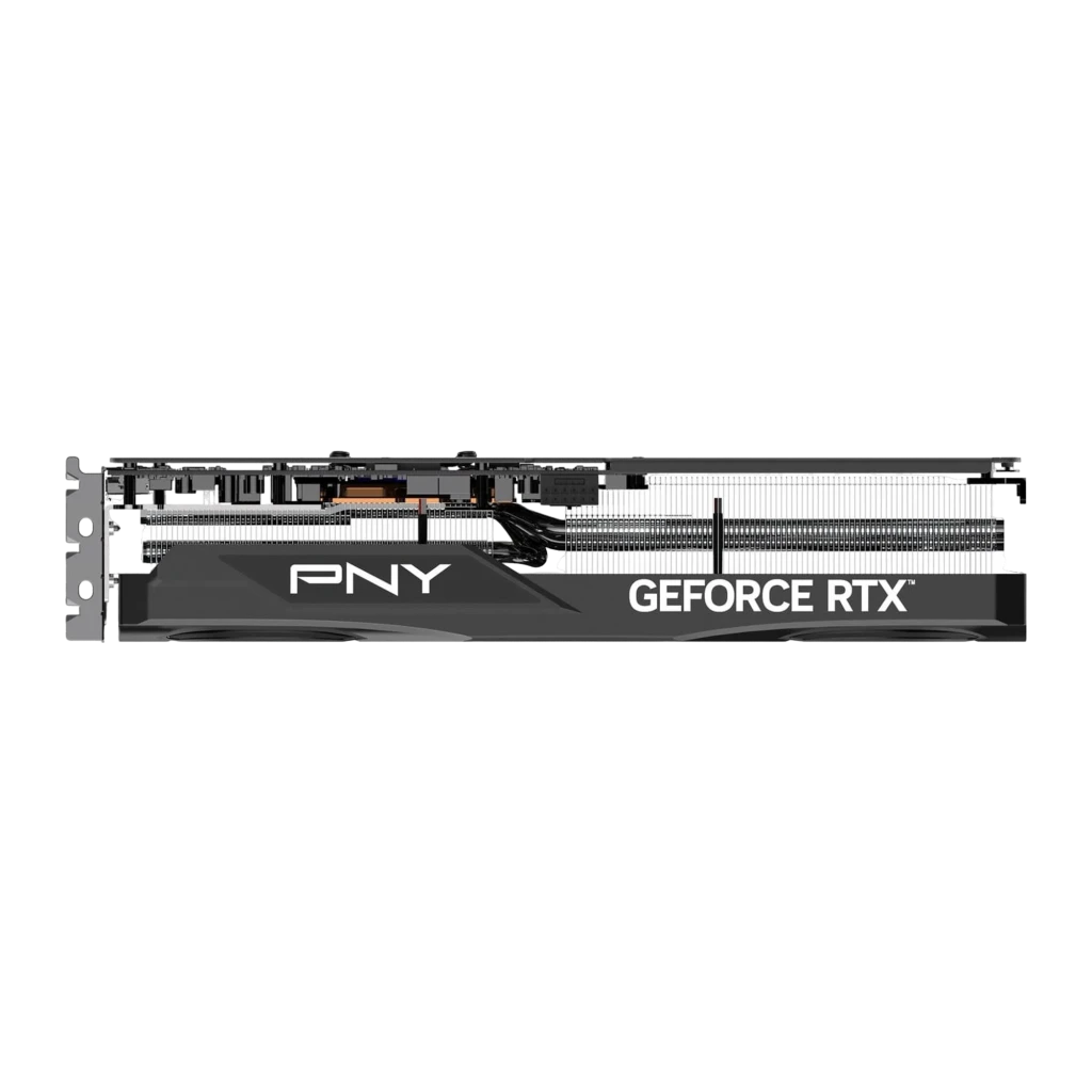 PNY GeForce RTX 5070 Ti Gaming Triple Fan OC 16GB gris, vista lateral: disipador con heatpipes, logo PNY y texto GeForce RTX