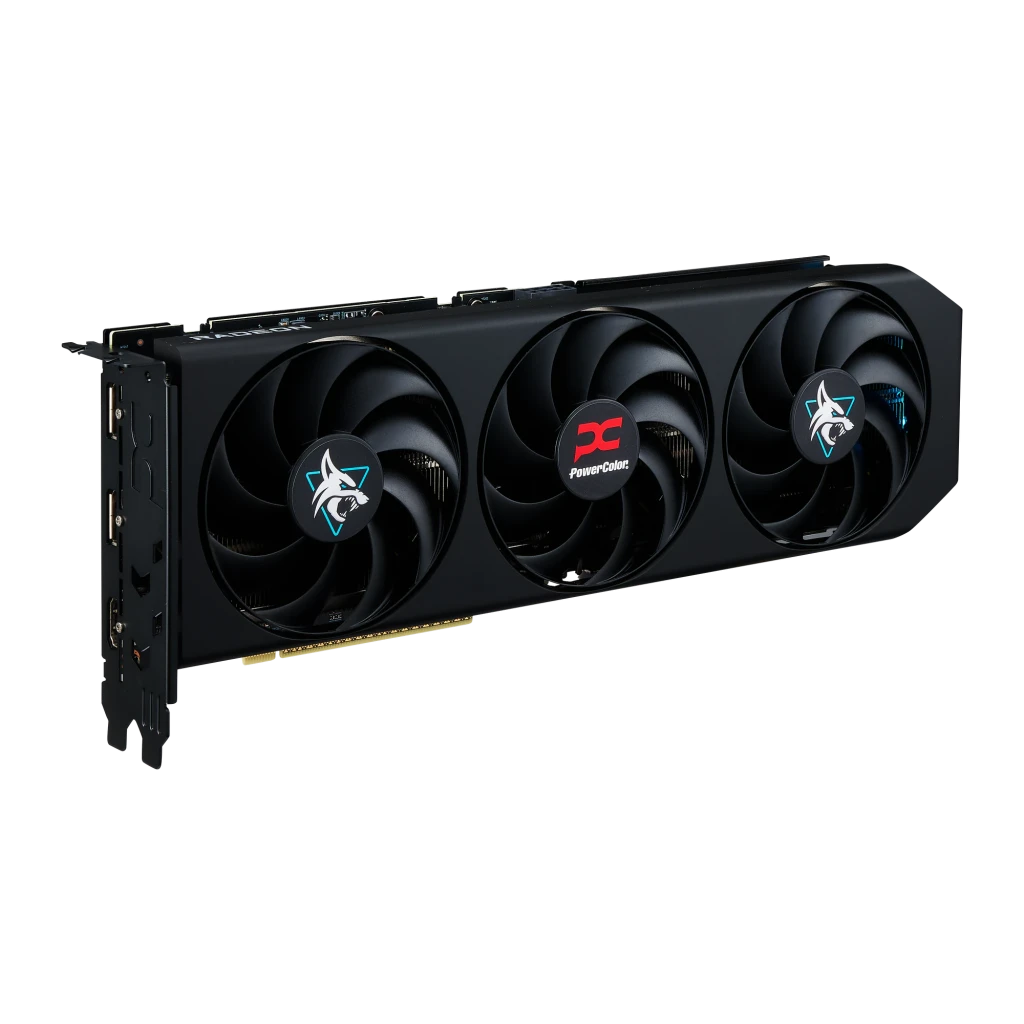 PowerColor Hellhound Radeon RX 9060 XT 8GB negro, vista frontal en ángulo: tres ventiladores con logos Hellhound y PowerColor