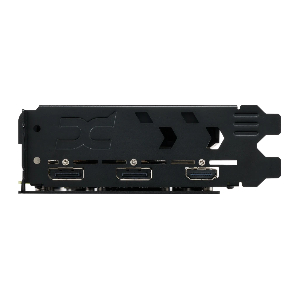 PowerColor Hellhound Radeon RX 9060 XT 8GB noir, vue du bracket: deux ports DisplayPort et un HDMI avec logo PC gravé