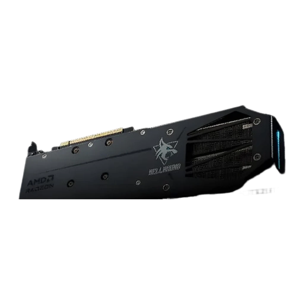 PowerColor Hellhound Radeon RX 9060 XT 8GB noir, vue arrière en angle: backplate avec logo Hellhound, ailettes de