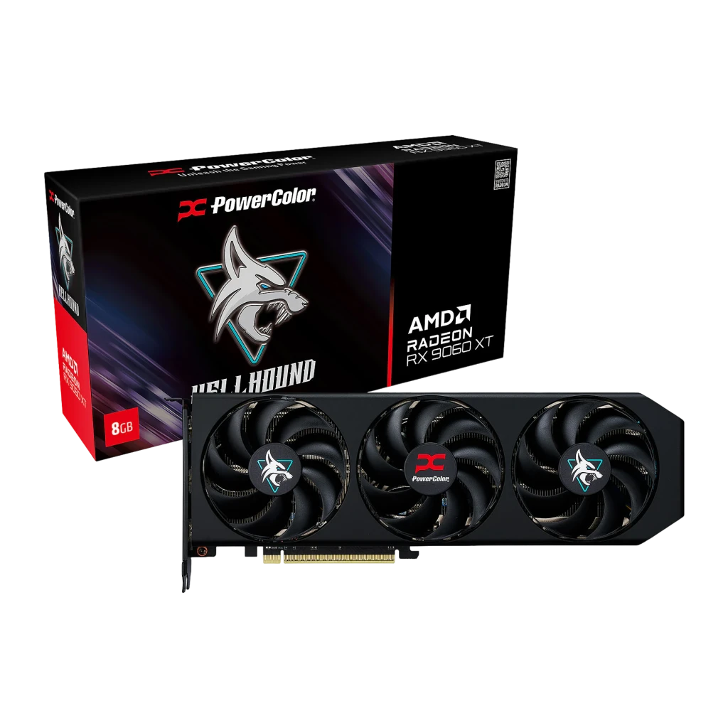 PowerColor Hellhound Radeon RX 9060 XT 8GB noir, kit avec boîte: carte à trois ventilateurs aux côtés de la boîte Hellhound