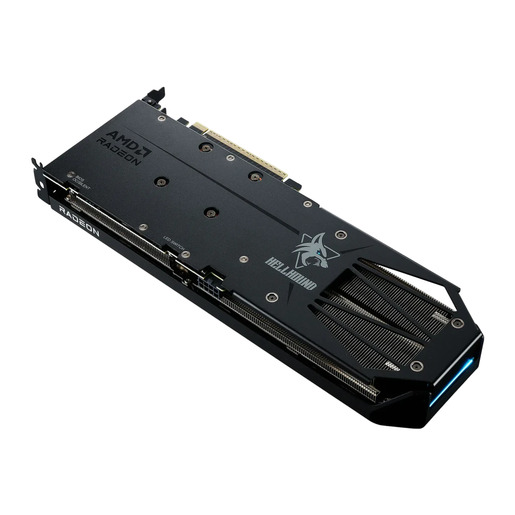 PowerColor Hellhound Radeon RX 9060 XT 8GB noir, vue supérieure en angle: backplate avec logo Hellhound, connecteur PCIe et