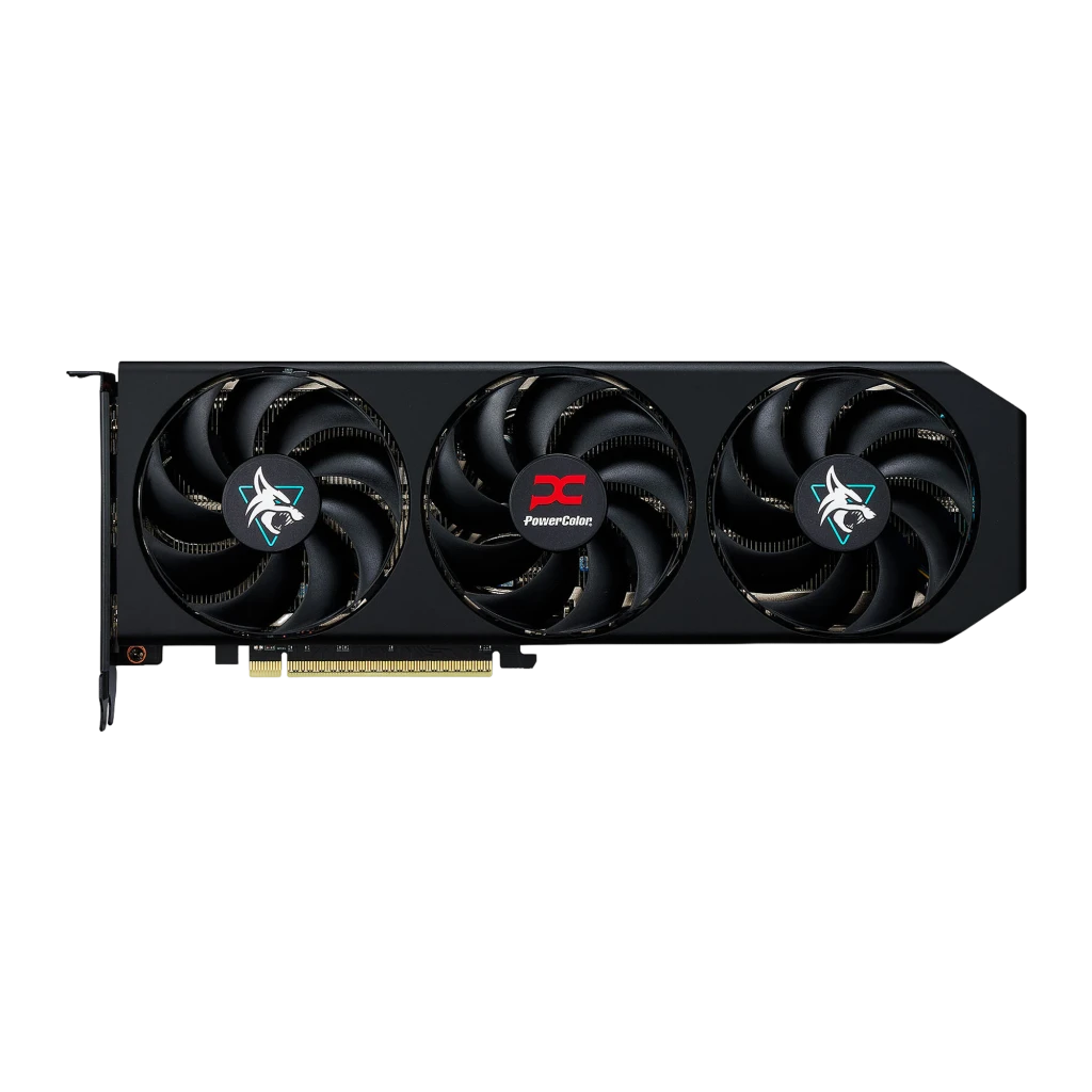 PowerColor Hellhound Radeon RX 9060 XT 8GB noir, vue avant à plat: trois ventilateurs centrés avec logos PowerColor et