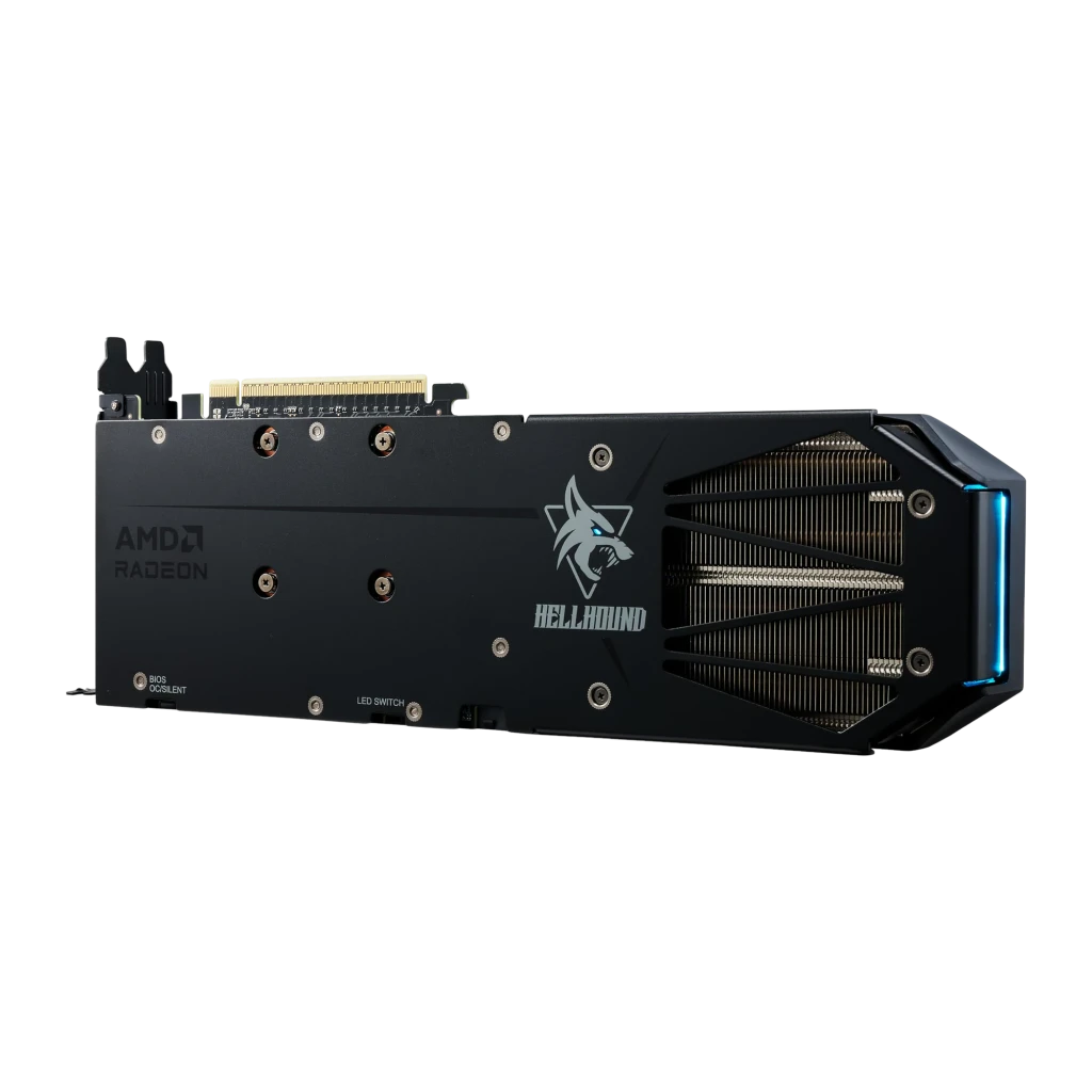 PowerColor Hellhound Radeon RX 9060 XT 8GB noir, vue latérale arrière: backplate avec switchs BIOS et LED, ailettes de
