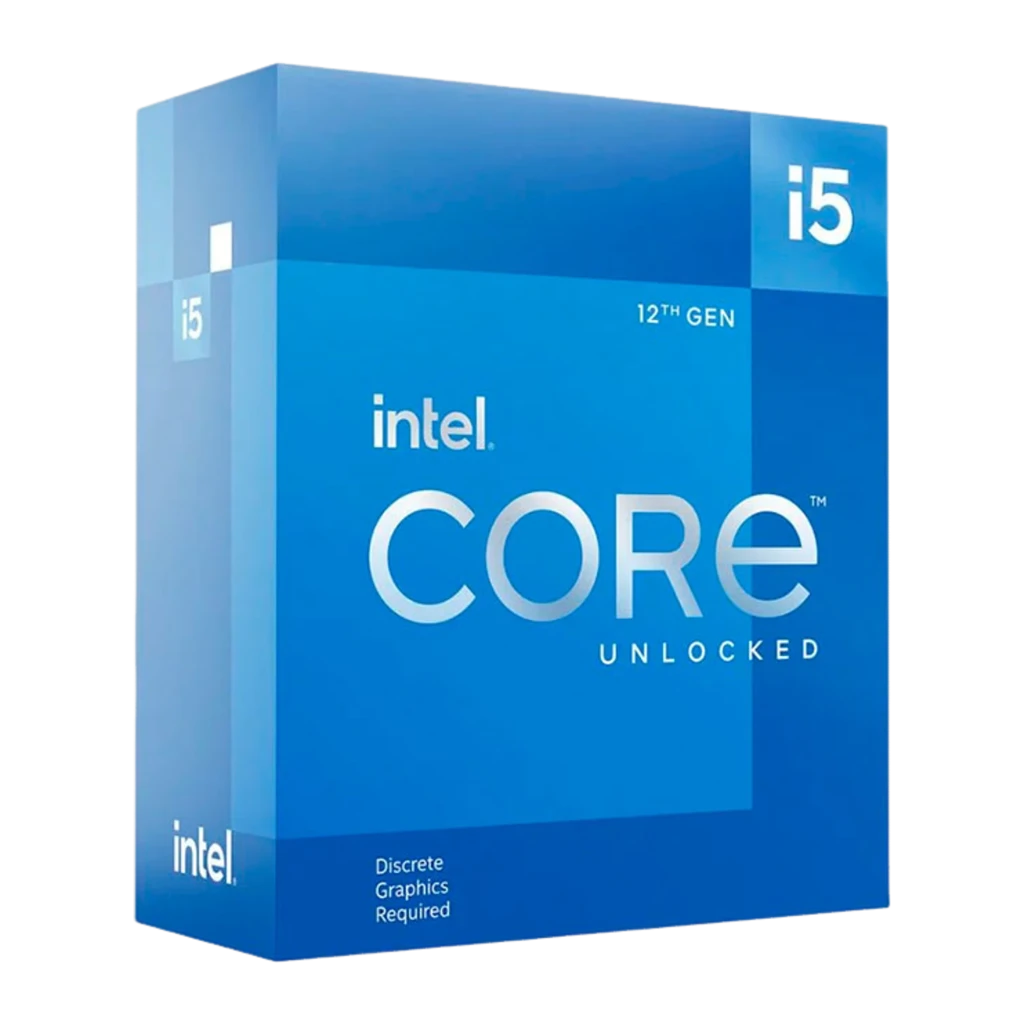 Intel Core i5-12600KF, caja en ángulo: vista tres cuartos caja azul 12th Gen sin procesador visible