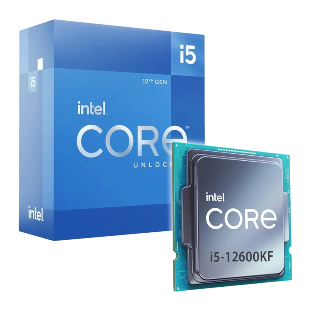 Intel Core i5-12600KF, caja y chip en primer plano: procesador inclinado con grabado i5-12600KF junto a caja azul