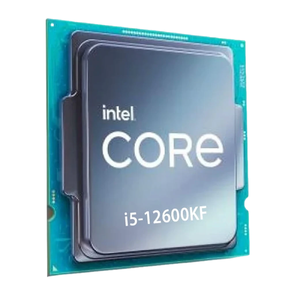 Intel Core i5-12600KF, vista en perspectiva: procesador inclinado con IHS gris grabado i5-12600KF y PCB turquesa