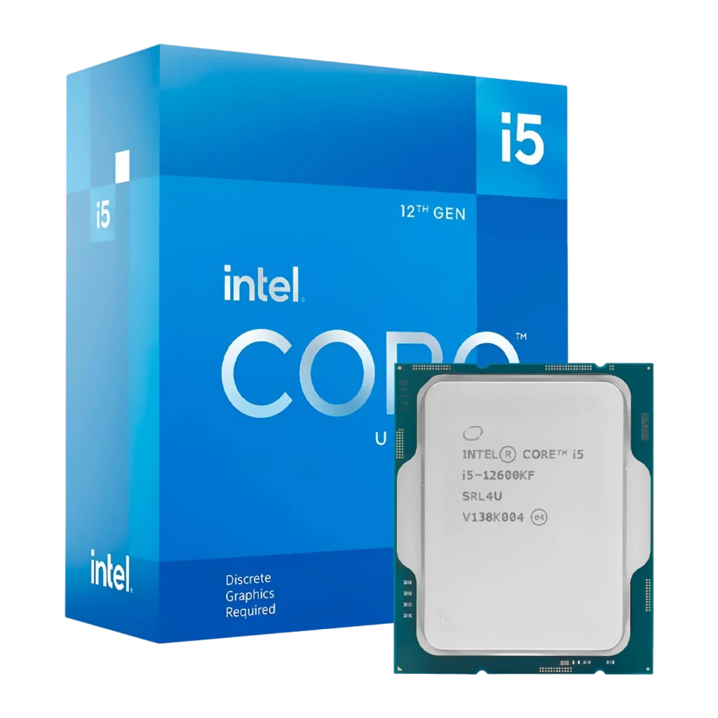 Intel Core i5-12600KF, caja y procesador frontal: chip plano con IHS plateado grabado SRL4U junto a caja azul
