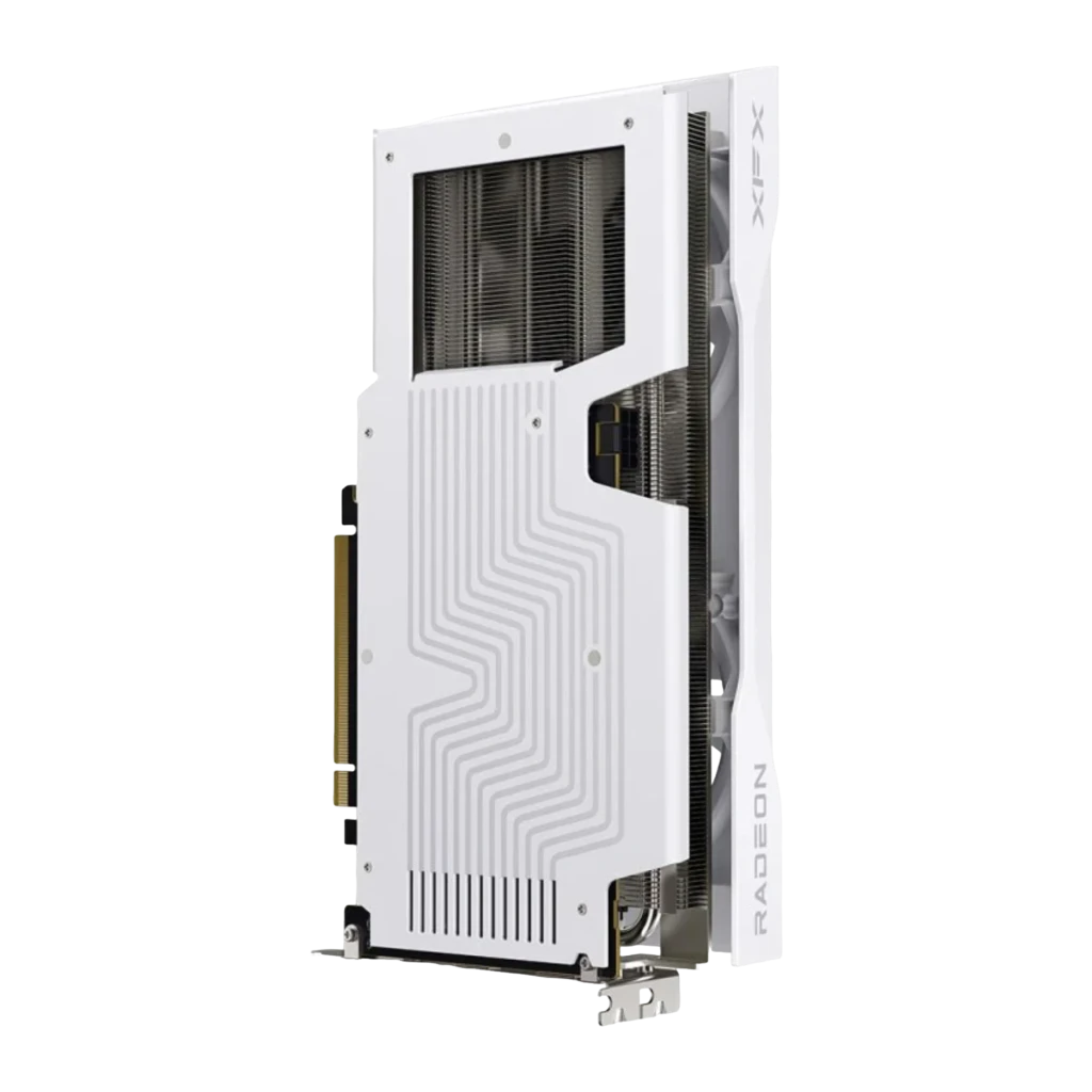 XFX Swift Radeon RX 9060 XT OC 8GB blanco, vista trasera: backplate blanco con diseño en zigzag y disipador expuesto