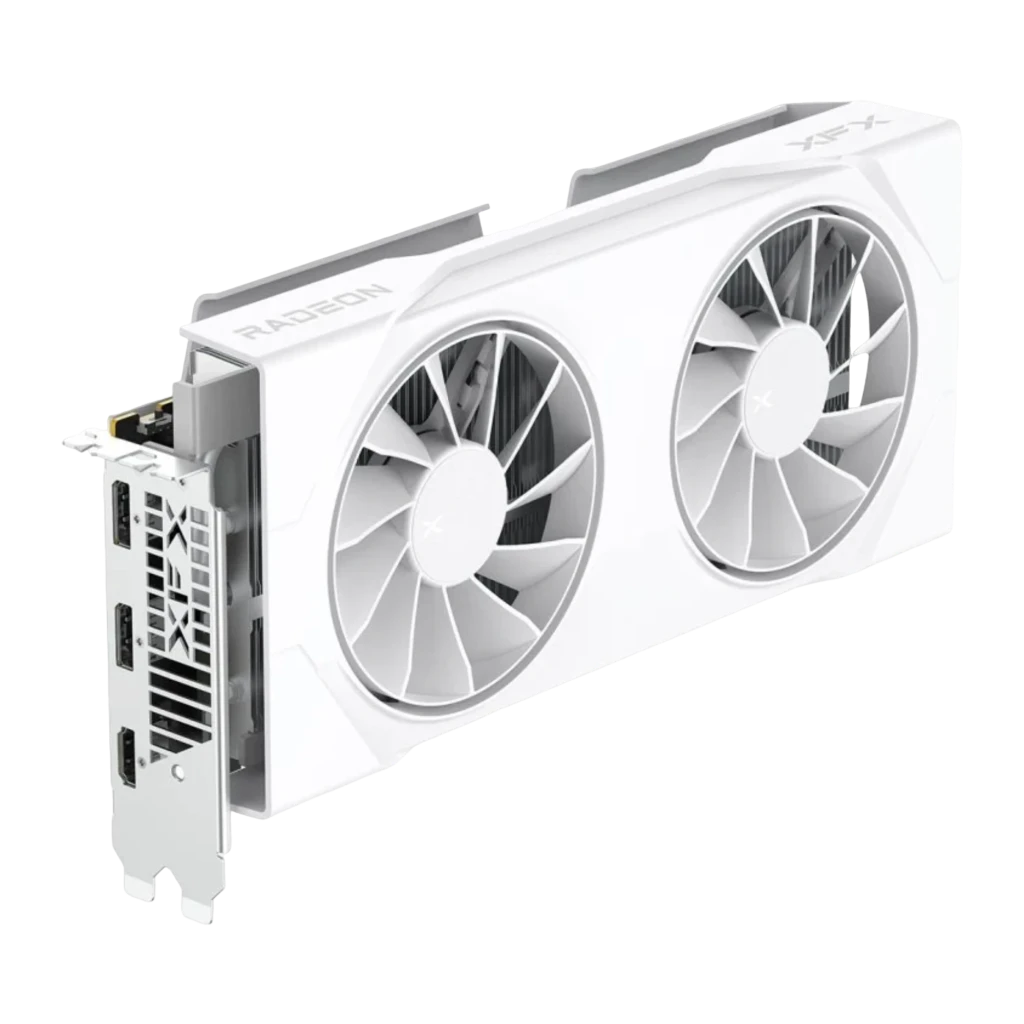 XFX Swift Radeon RX 9060 XT OC 8GB blanco, vista en ángulo frontal: conectores de salida de vídeo y dos ventiladores visibles