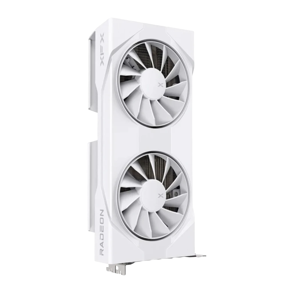 XFX Swift Radeon RX 9060 XT OC 8GB blanco, vista lateral corta: dos ventiladores en vertical con logos XFX y Radeon