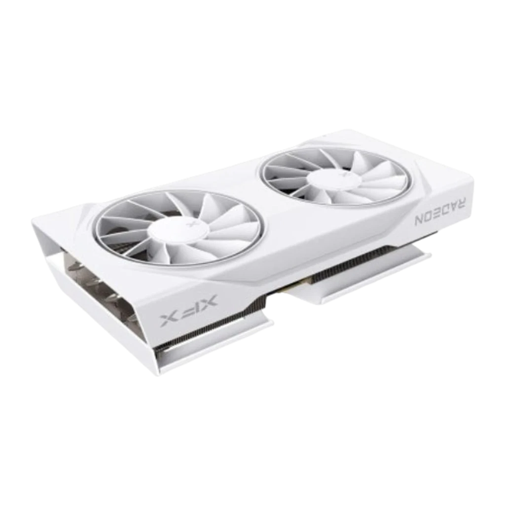 XFX Swift Radeon RX 9060 XT OC 8GB blanco, vista superior en ángulo: shroud blanco con dos ventiladores y logo Radeon