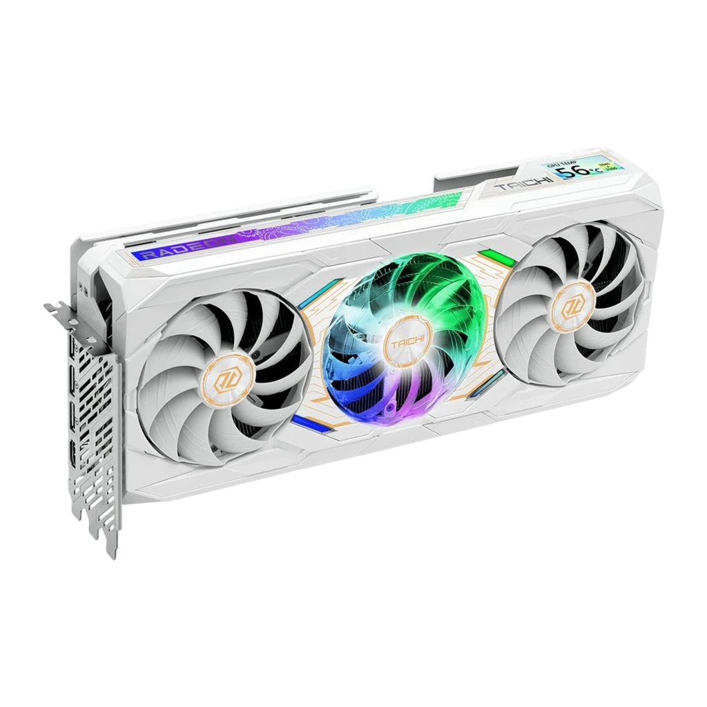 ASRock Radeon RX 9070 XT Taichi White OC 16GB blanca, vista frontal en ángulo: tres ventiladores con RGB, pantalla LCD y